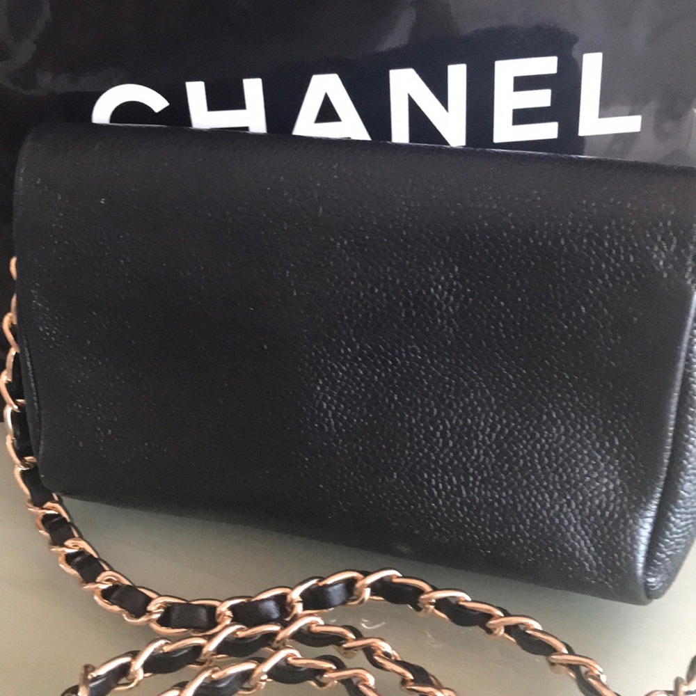 CHANEL Black Quilted CC Logo Caviar pouch-modified with added chain holes - Picture 3 of 8